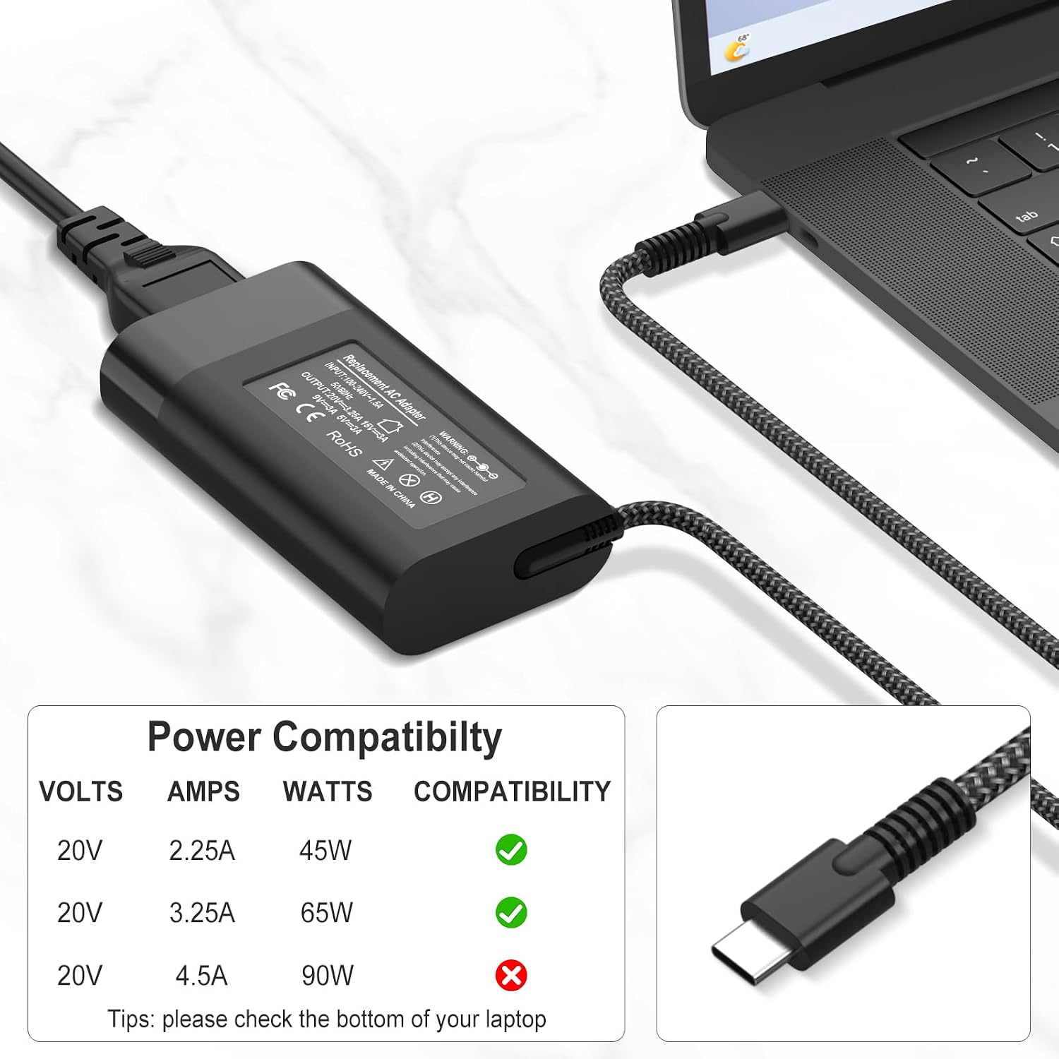 Cargador USB C de 65 W para laptop compatible con HP Spectre x360\/...