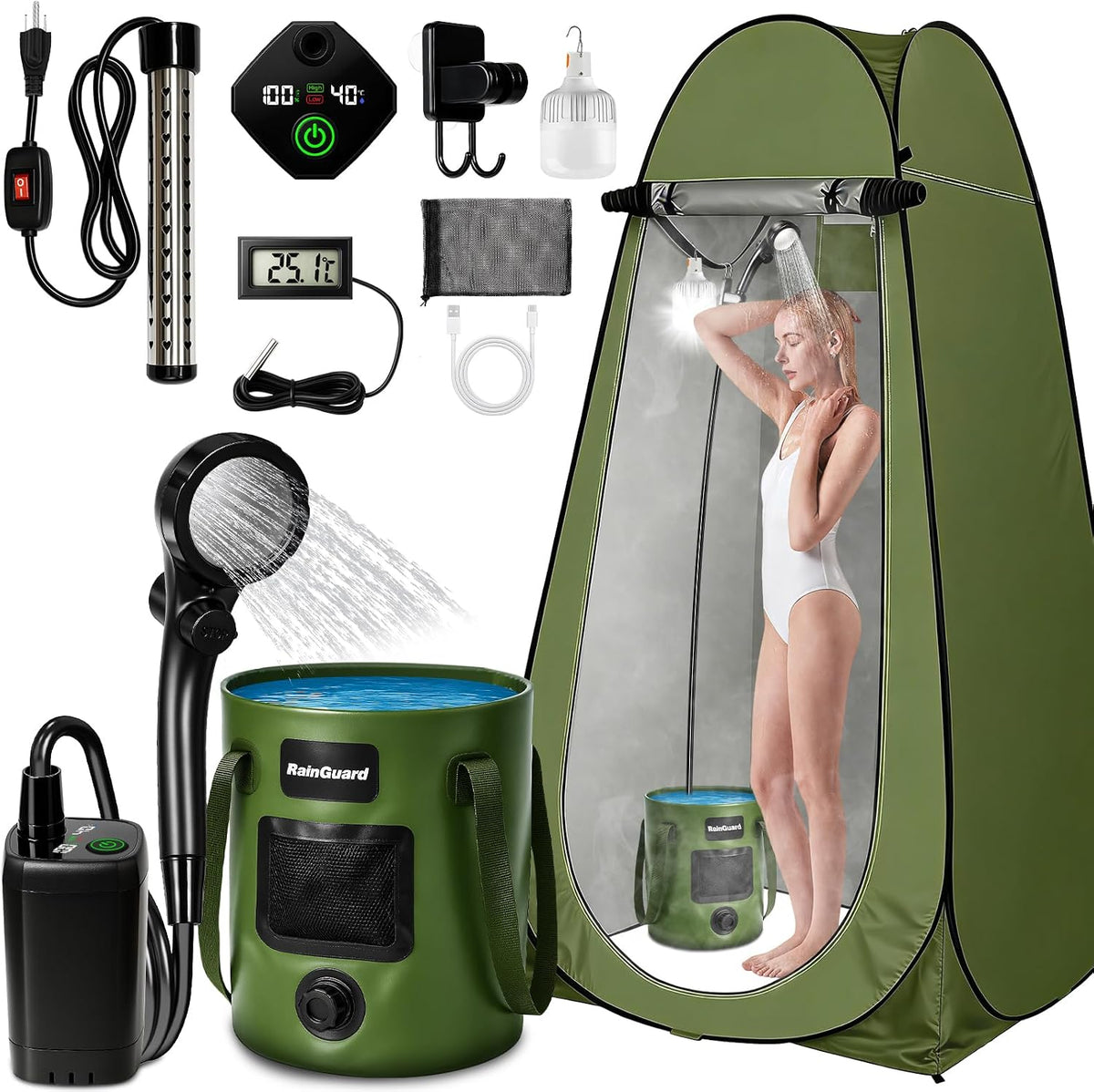 Ducha portátil con calentador, kit de tienda de campaña de privacid...
