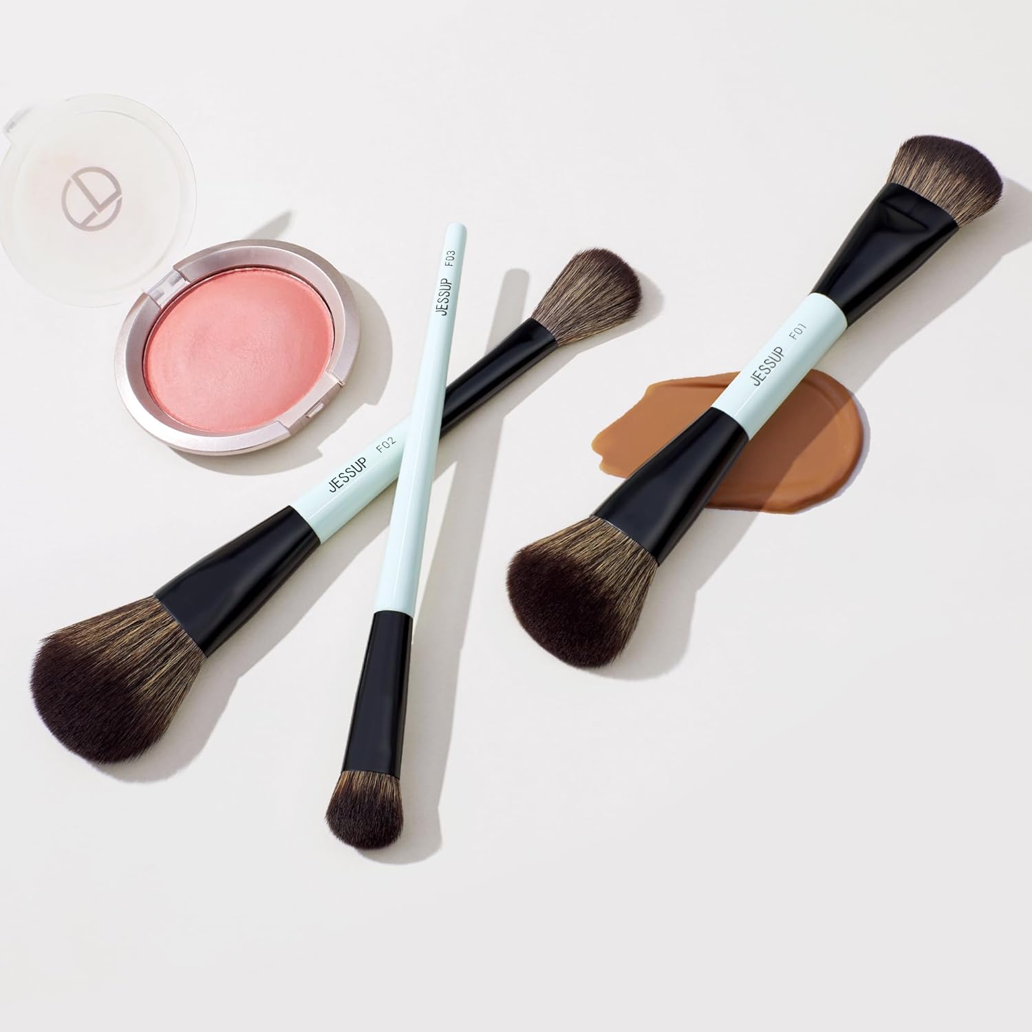 Jessup Cepillos de maquillaje facial azules 3 piezas, cepillo de ma...