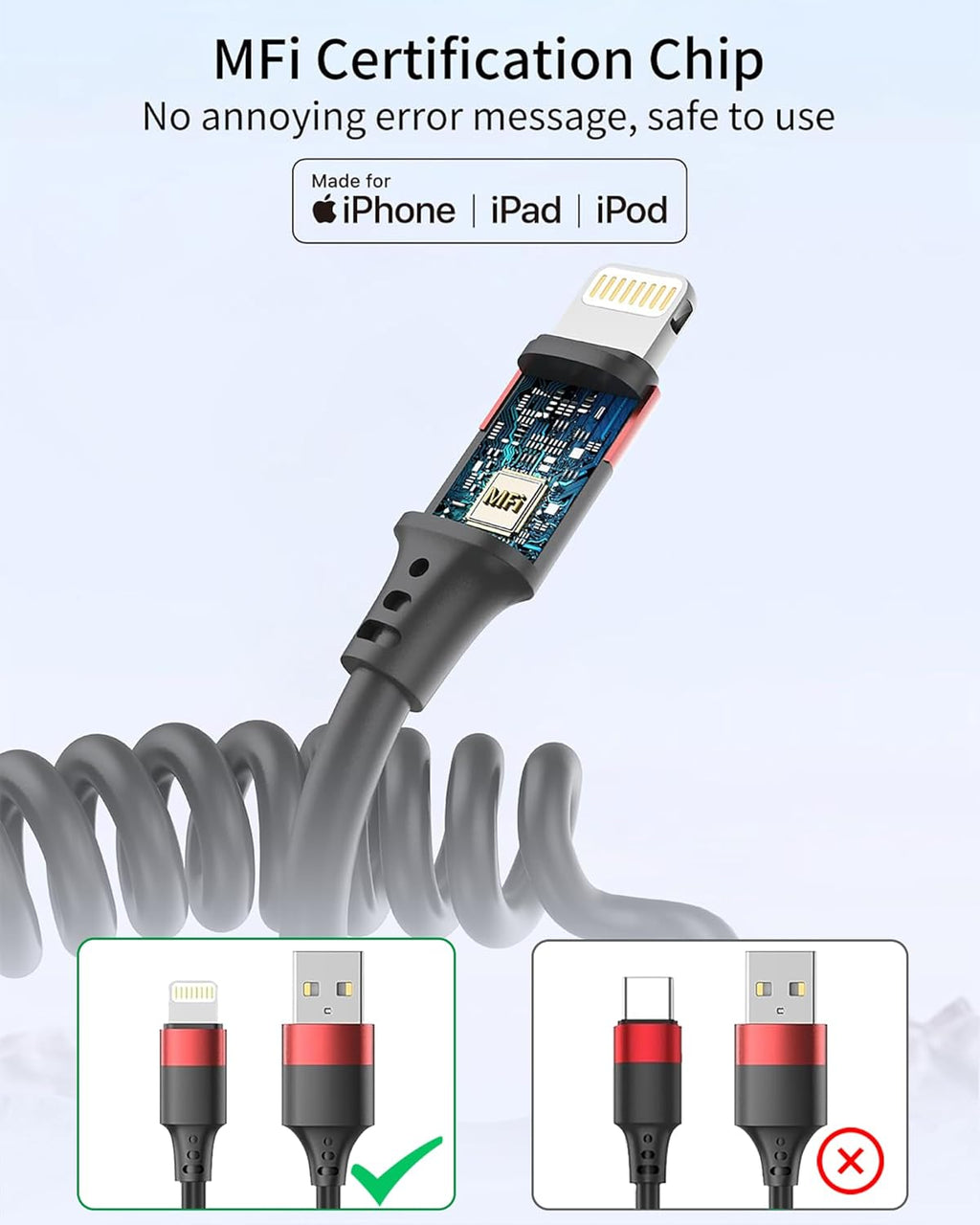 Cable USB a Lightning en espiral para coche, paquete de 2 cables re...