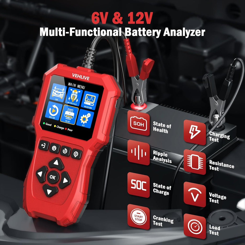 VEHLIVE BT910 5-3000CCA - Probador de batería de automóvil, 6 V 12...