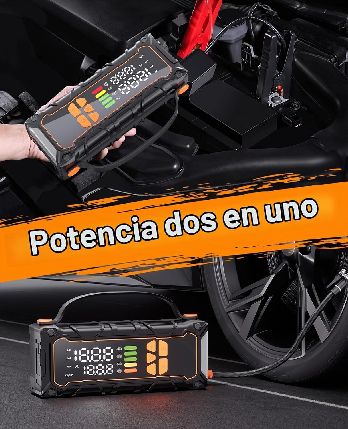Arrancador de Batería Portátil, Arrancador con Compresor de Aire-40...