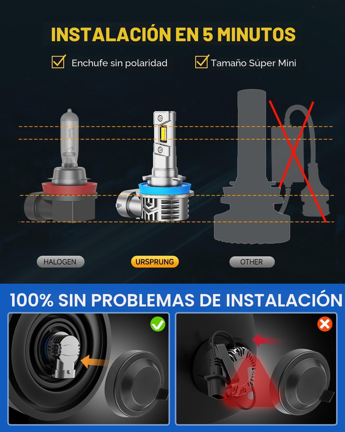 Ursprung Bombillas LED H11\/H8\/H9 9005\/HB3, 120 W, 15 veces más b...