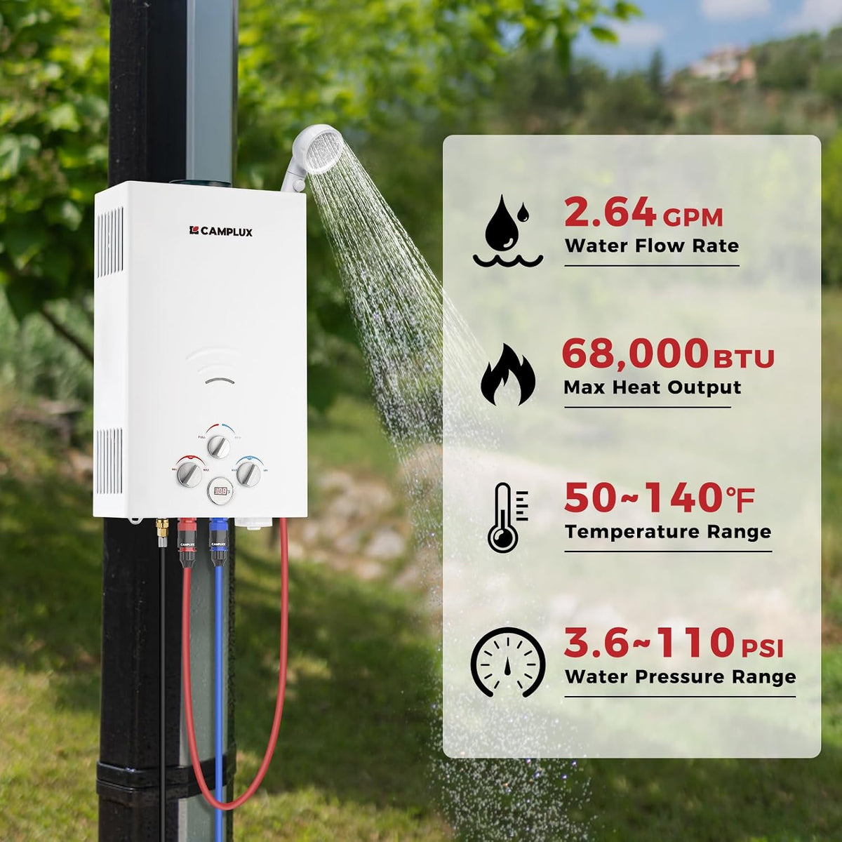 CAMPLUX - Calentador de agua de propano portátil de 2.64 GPM, bomba...