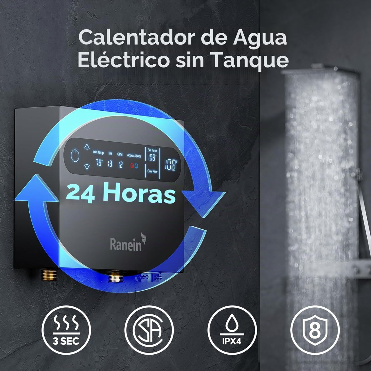 Calentador de agua eléctrico sin tanque Ranein de 13 kW, máx. 3,1 G...