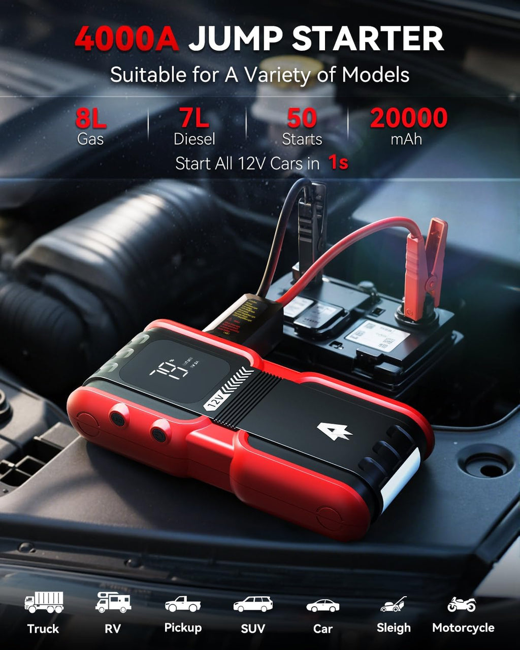 Andeman Arrancador de auto 4000A con batería de 20000 mAh, paquete...