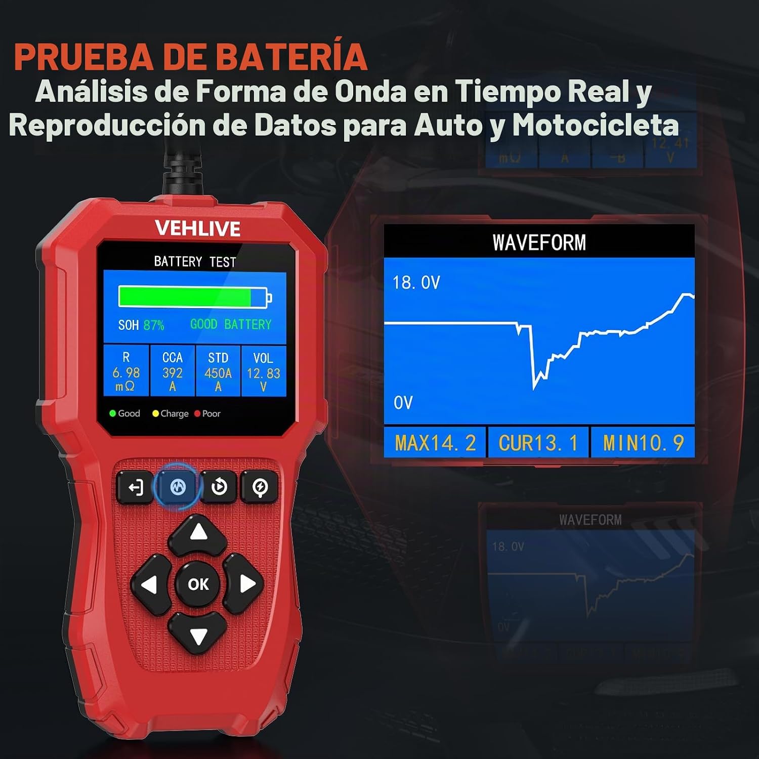 VEHLIVE BT910 5-3000CCA - Probador de batería de automóvil, 6 V 12...