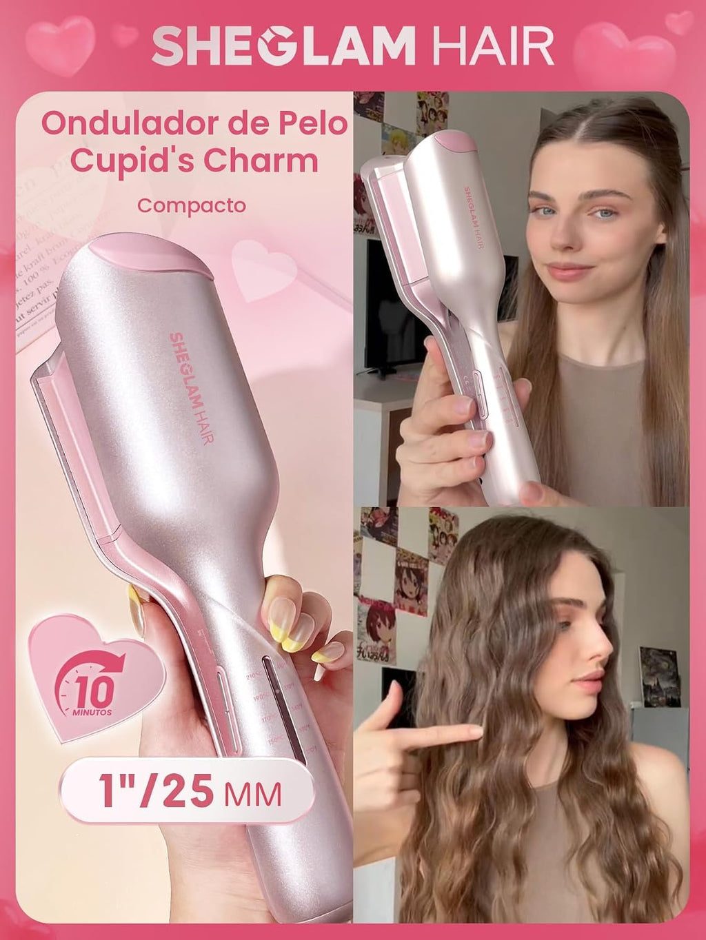 SHEGLAM Ondulador de pelo rosa de 1 pulgada para mujer, herramienta...