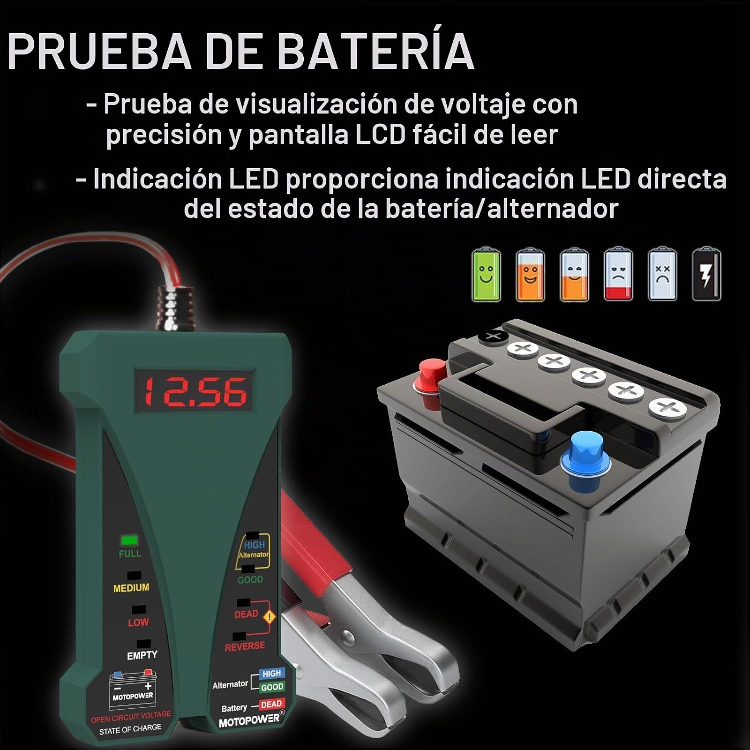 MOTOPOWER Probador de batería digital de 12 V, voltímetro y alterna...