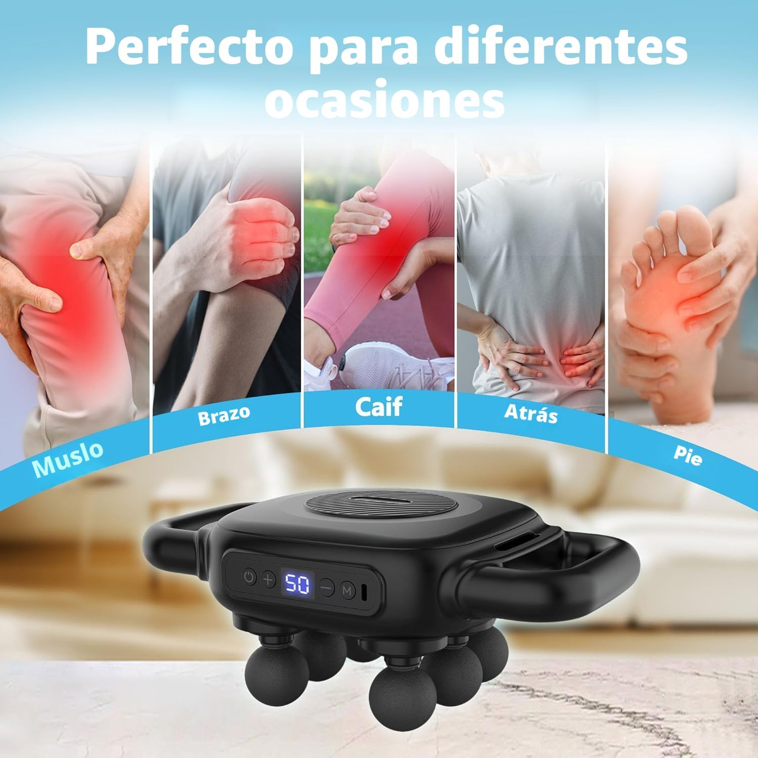 UFFAE Pistola de masaje de seis cabezas, 50 niveles de intensidad y...