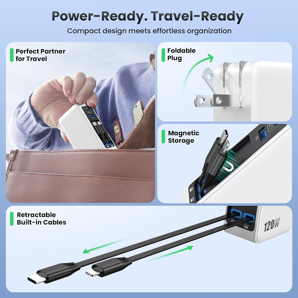 Bloque de Cargador USB C 120W con 2 Cables Retráctiles Integrados,...