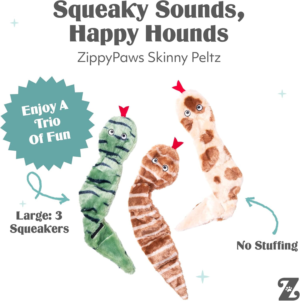 ZippyPaws Skinny Peltz - 3 serpientes multicolores, juguetes chirri...