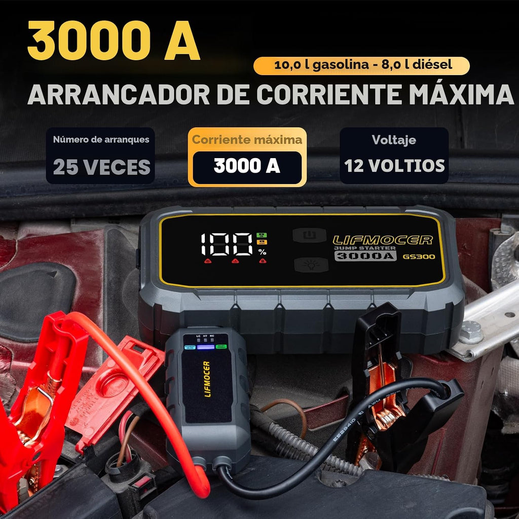 GS300 Arrancador de coche, batería portátil de 3000 A para motores...