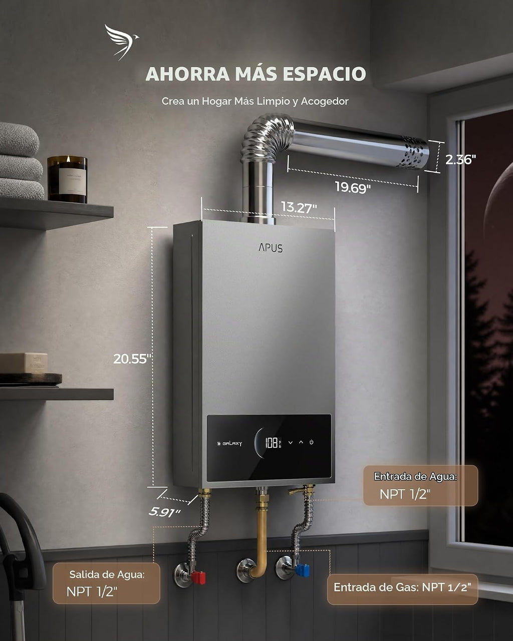 APUS Calentador de agua sin tanque de gas natural, 120,000 BTU, 5.4...
