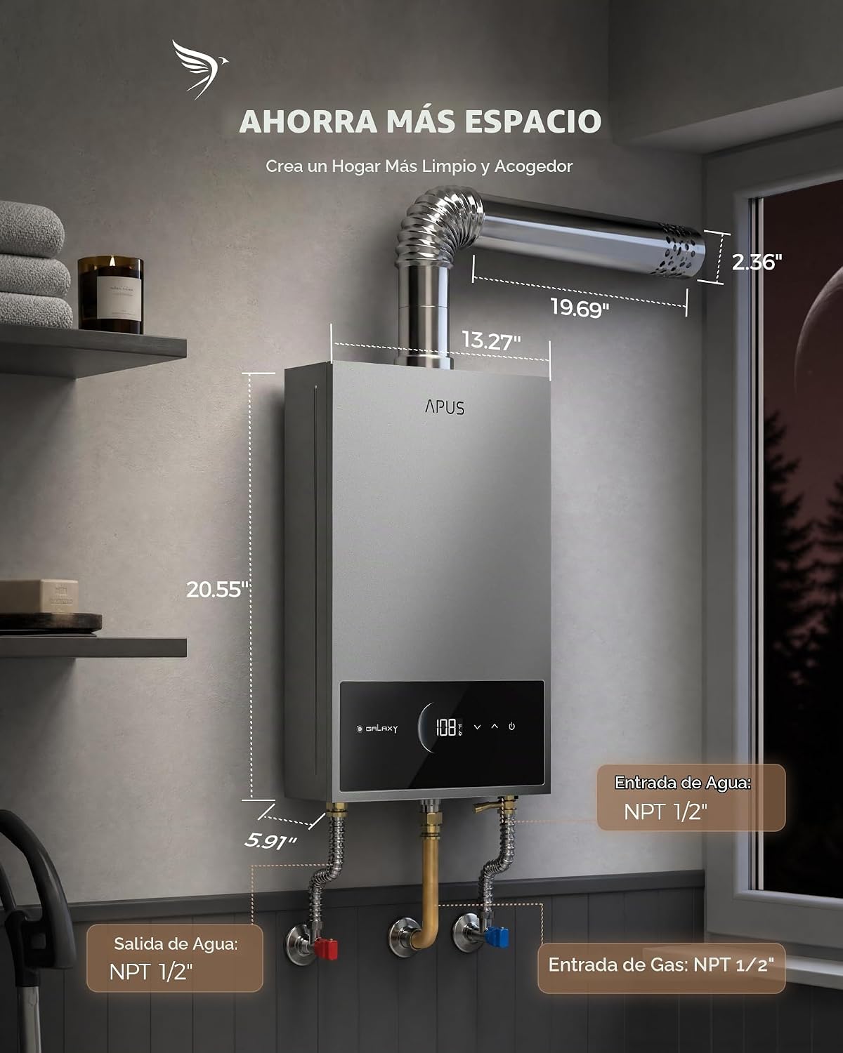 APUS Calentador de agua sin tanque de gas natural, 120,000 BTU, 5.4...