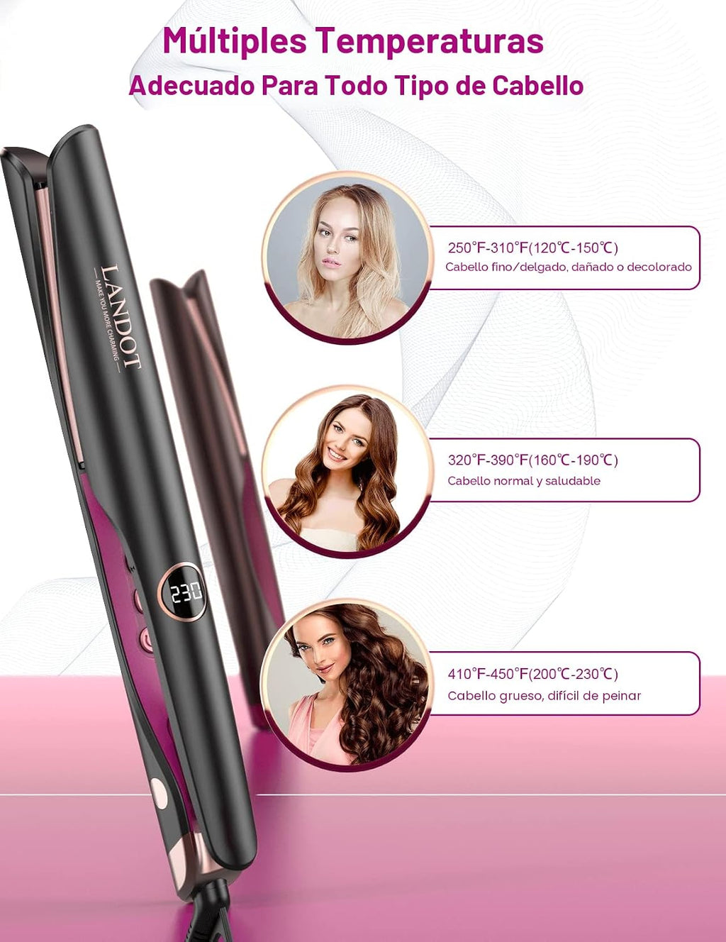 LANDOT Plancha para el cabello y rizador 2 en 1: crea ondas de saló...
