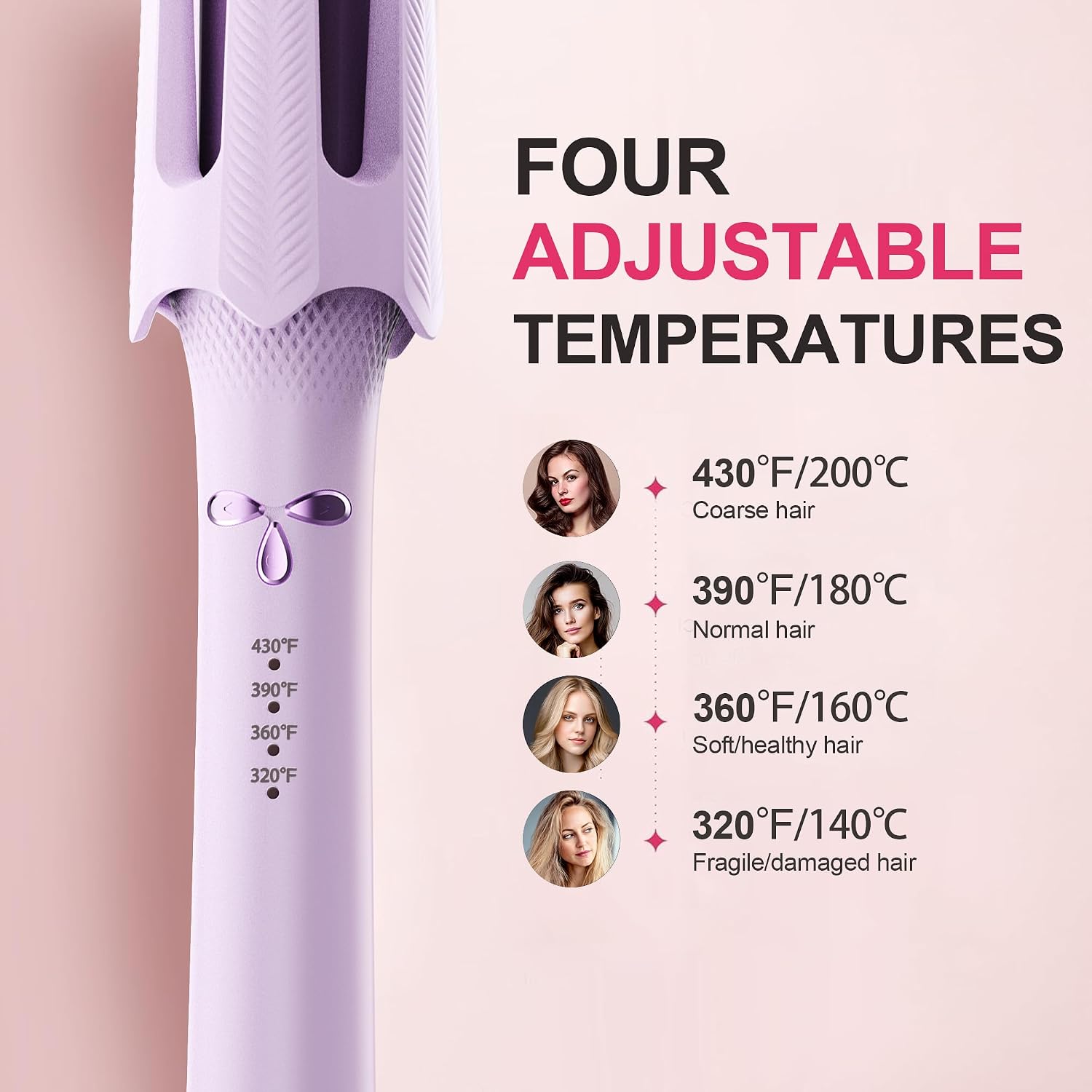 Rizador de pelo giratorio automático, 4 ajustes de temperatura y te...