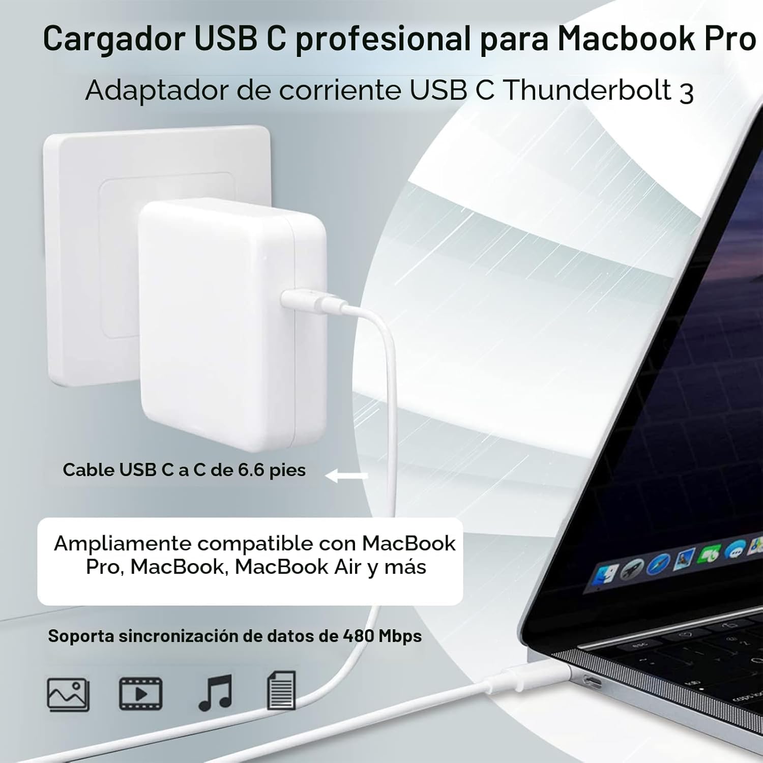 Cargador para MacBook Pro - Cargador USB C de 96W Cargador rápido p...