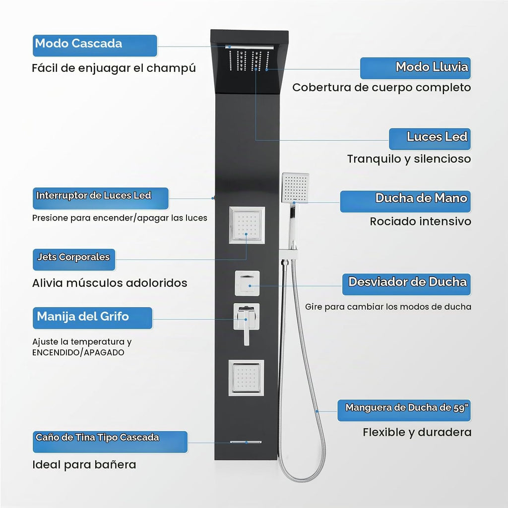 ROVOGO Sistema de torre de panel de ducha con luces LED, funciona c...