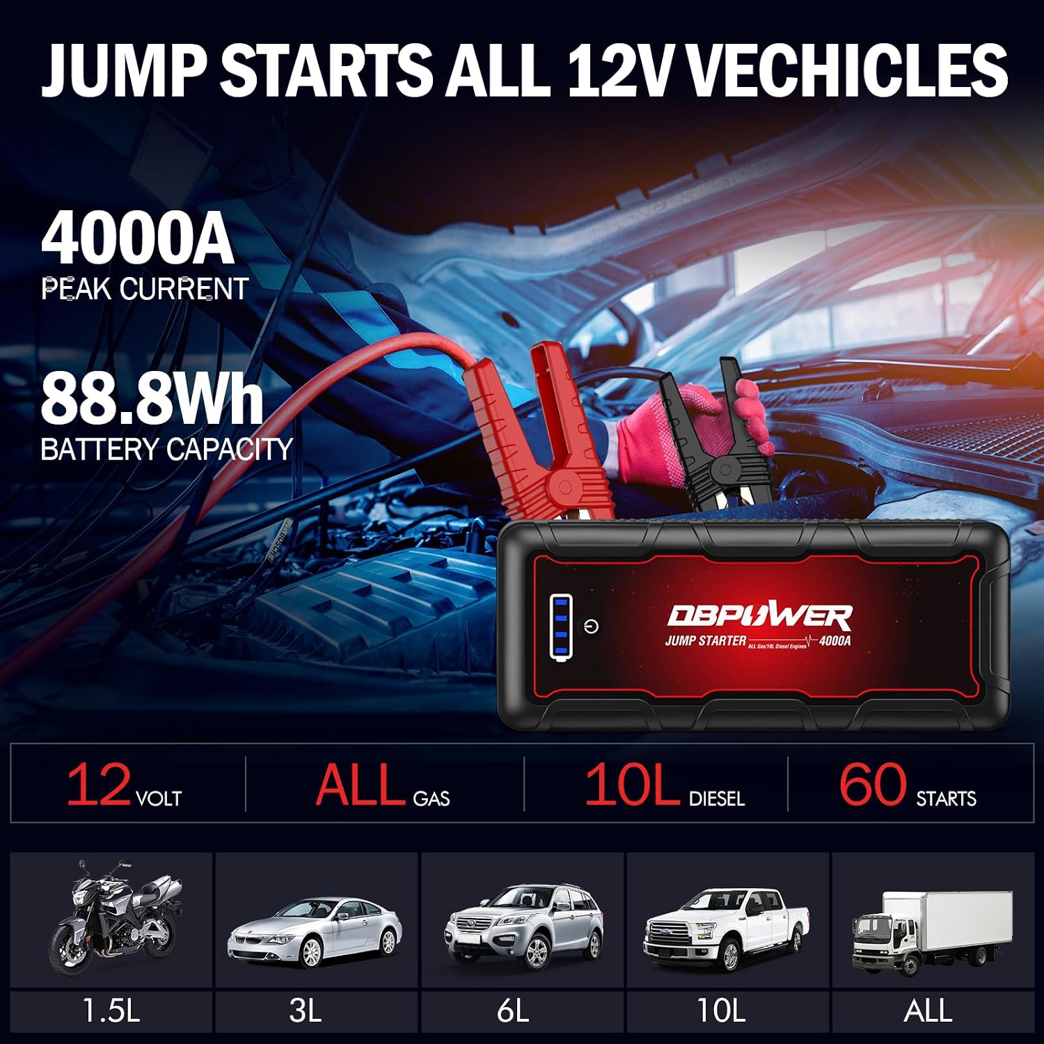 DBPOWER - Arrancador para automóvil de 4000 A pico de 88.8 Wh portá...