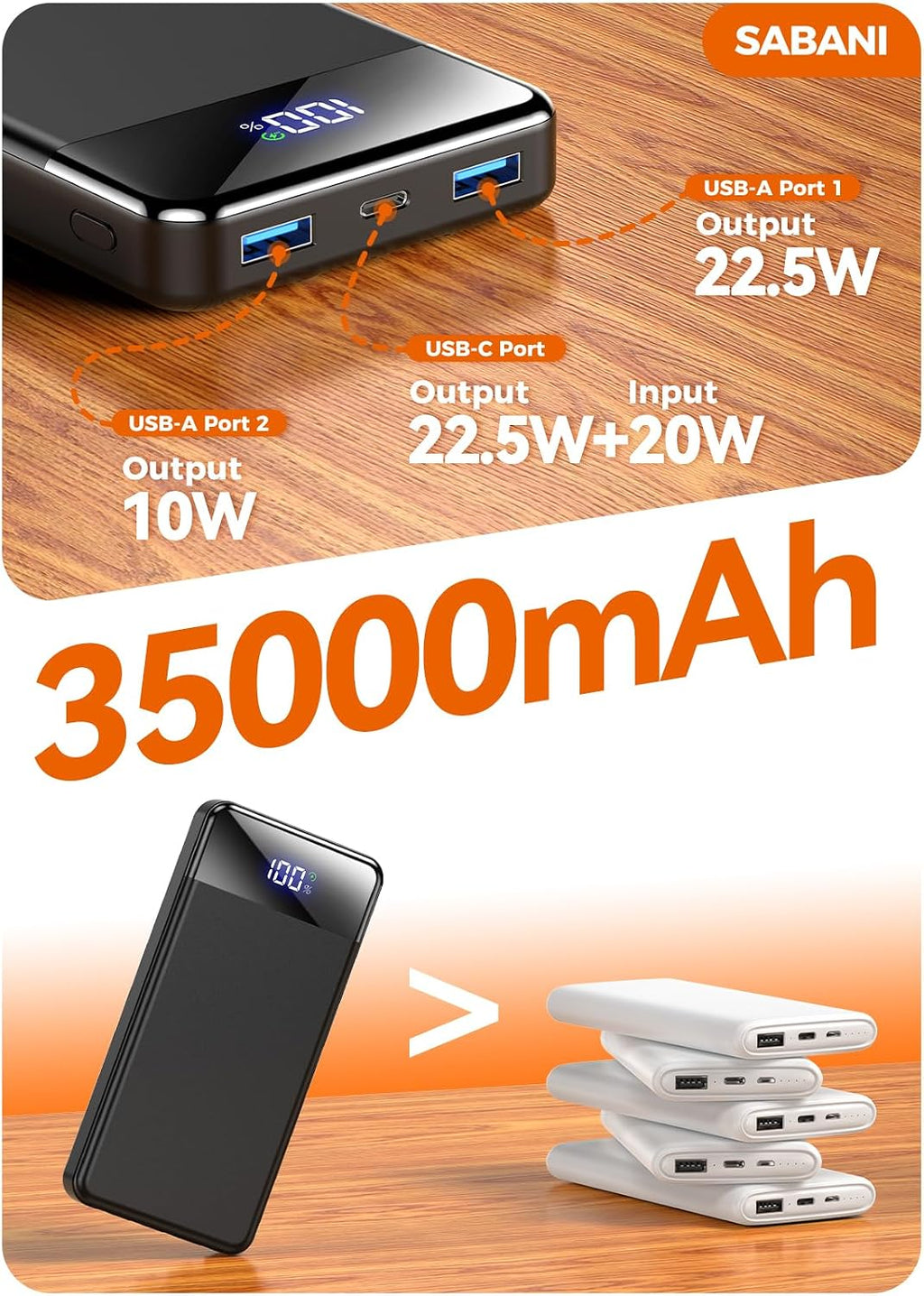 Cargador portátil de 35000 mAh - Powerbank con 4 cables integrados,...