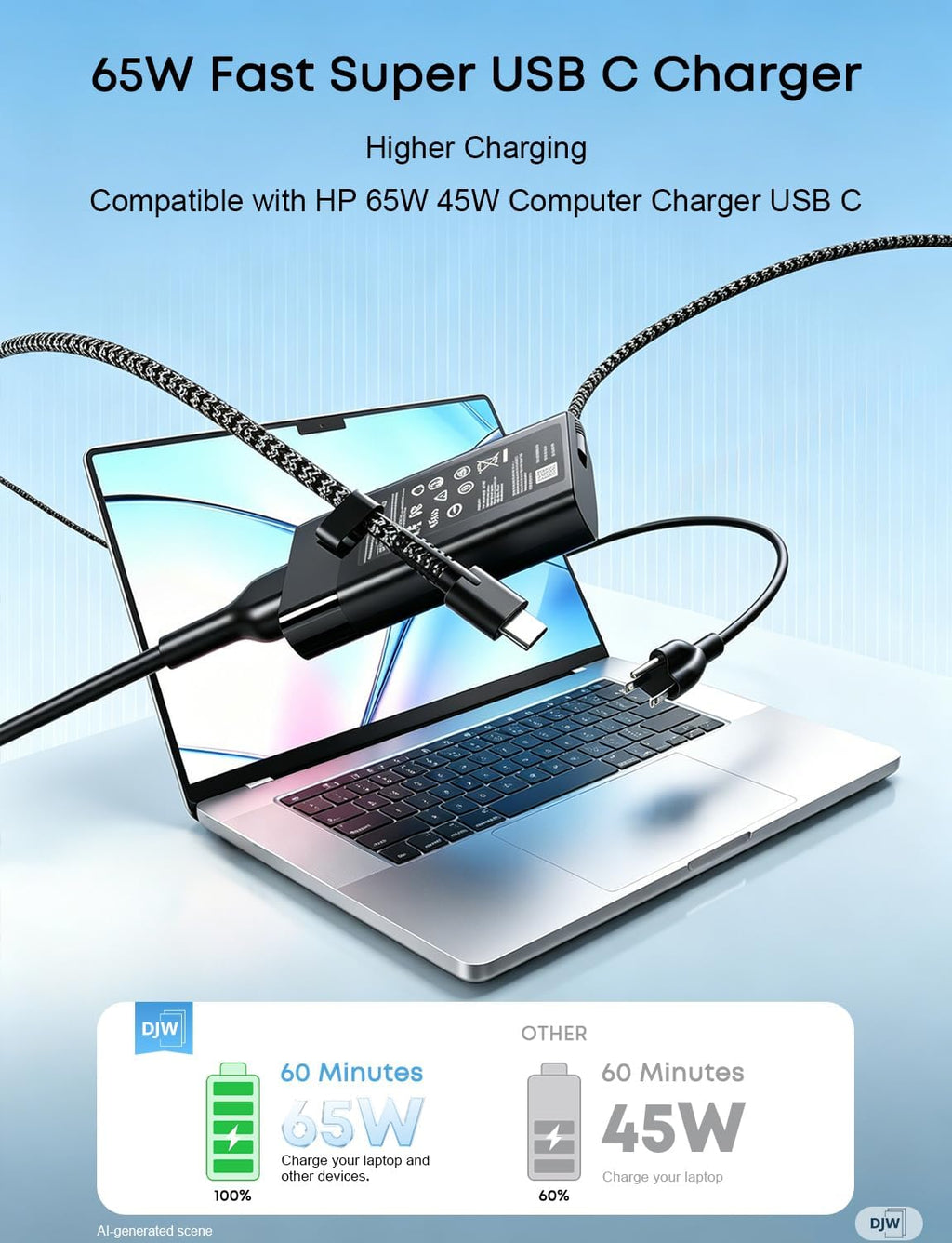 DJW Cargador USB C de 65 W para laptop compatible con HP Spectre x3...