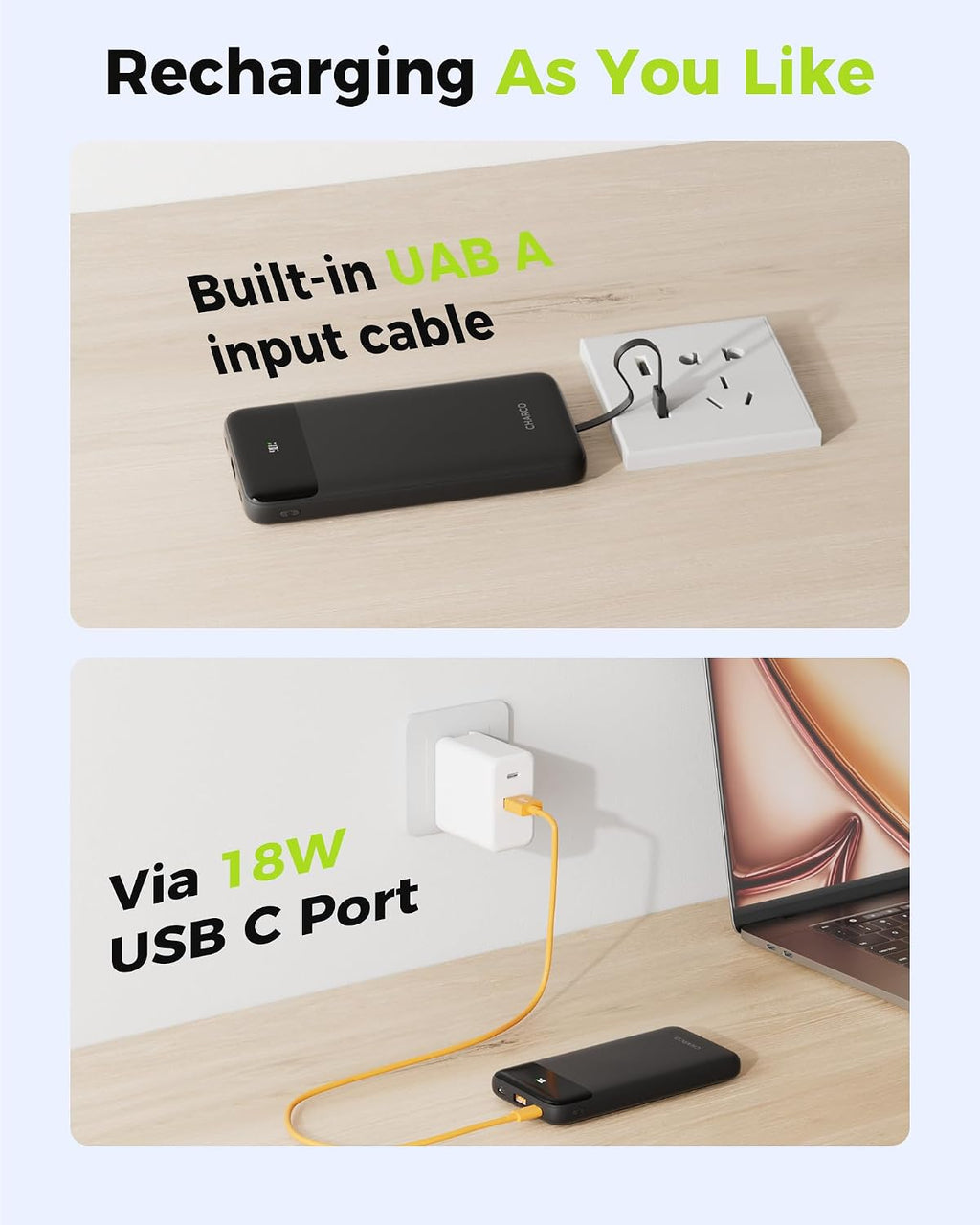 CHARCO Cargador portátil con cables integrados, cargador de batería...