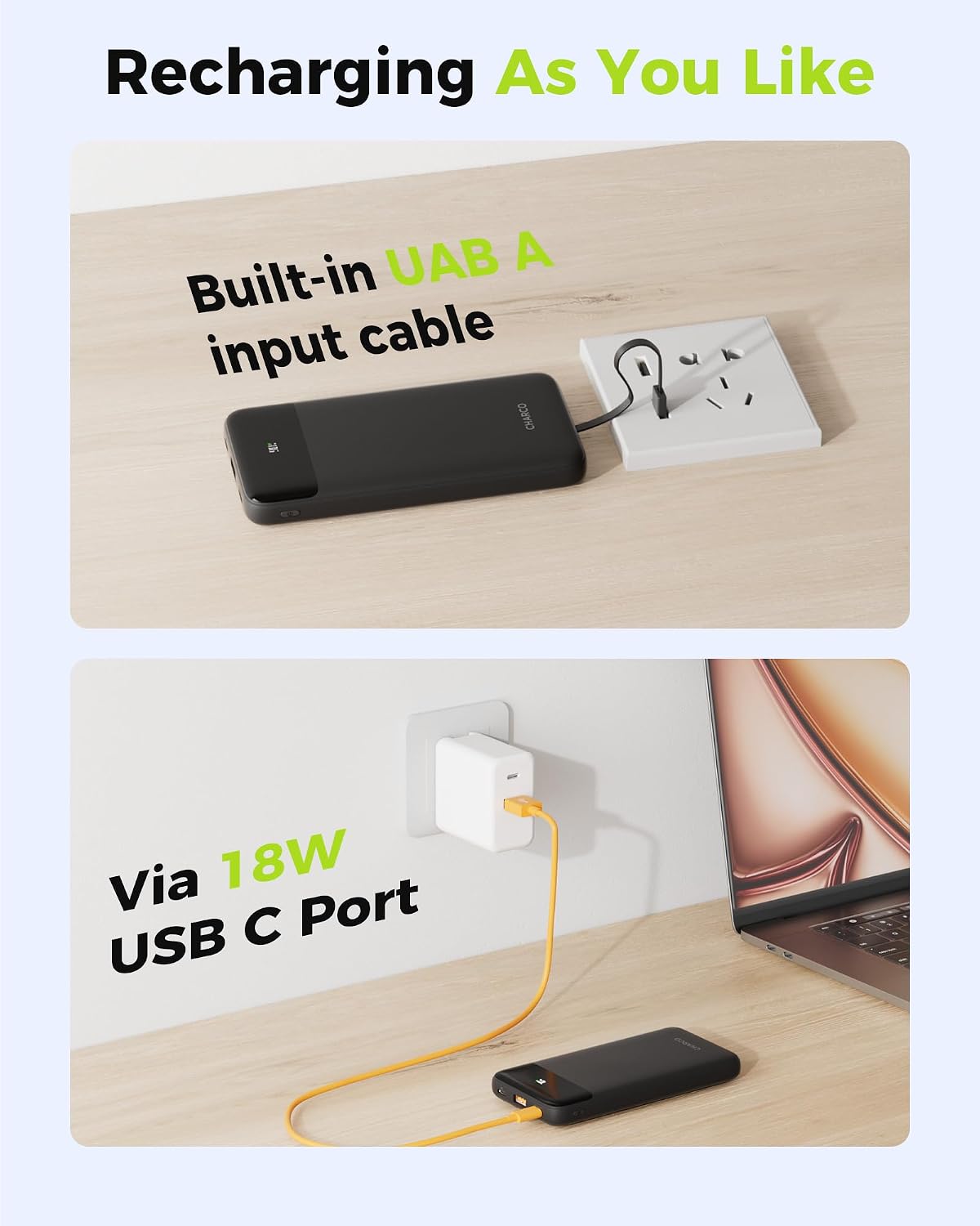 CHARCO Cargador portátil con cables integrados, cargador de batería...