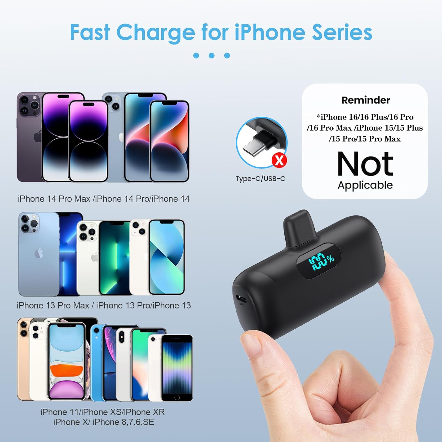 Cargador portátil mini para iPhone serie 14\/13, batería de carga r...