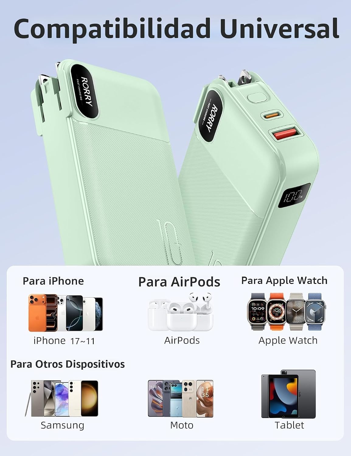 RORRY Cargador portátil con cables integrados, enchufe de pared de...