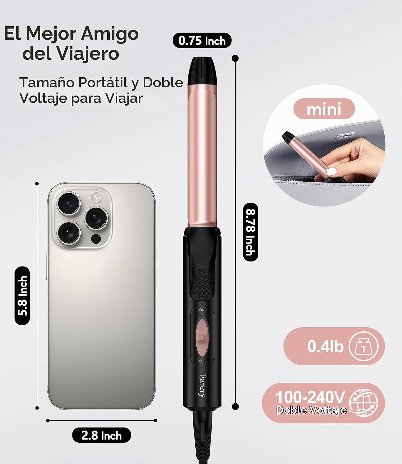 FARERY - Rizador de viaje para cabello corto, 3\/4 pulgadas, doble...