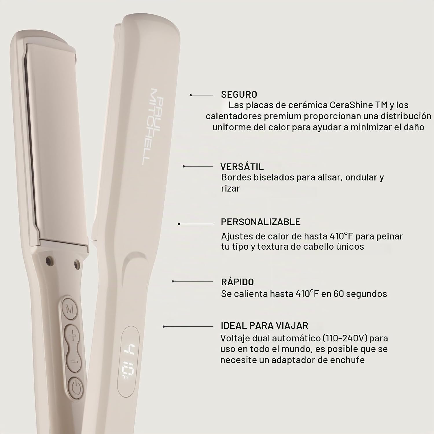 Plancha alisadora de cerámica Paul Mitchell Smooth+, ajustes de cal...
