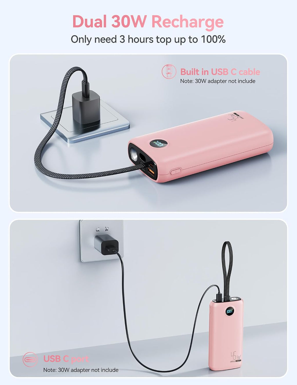 Cargador portátil, batería portátil de 45 W, 20000 mAh, con cable U...