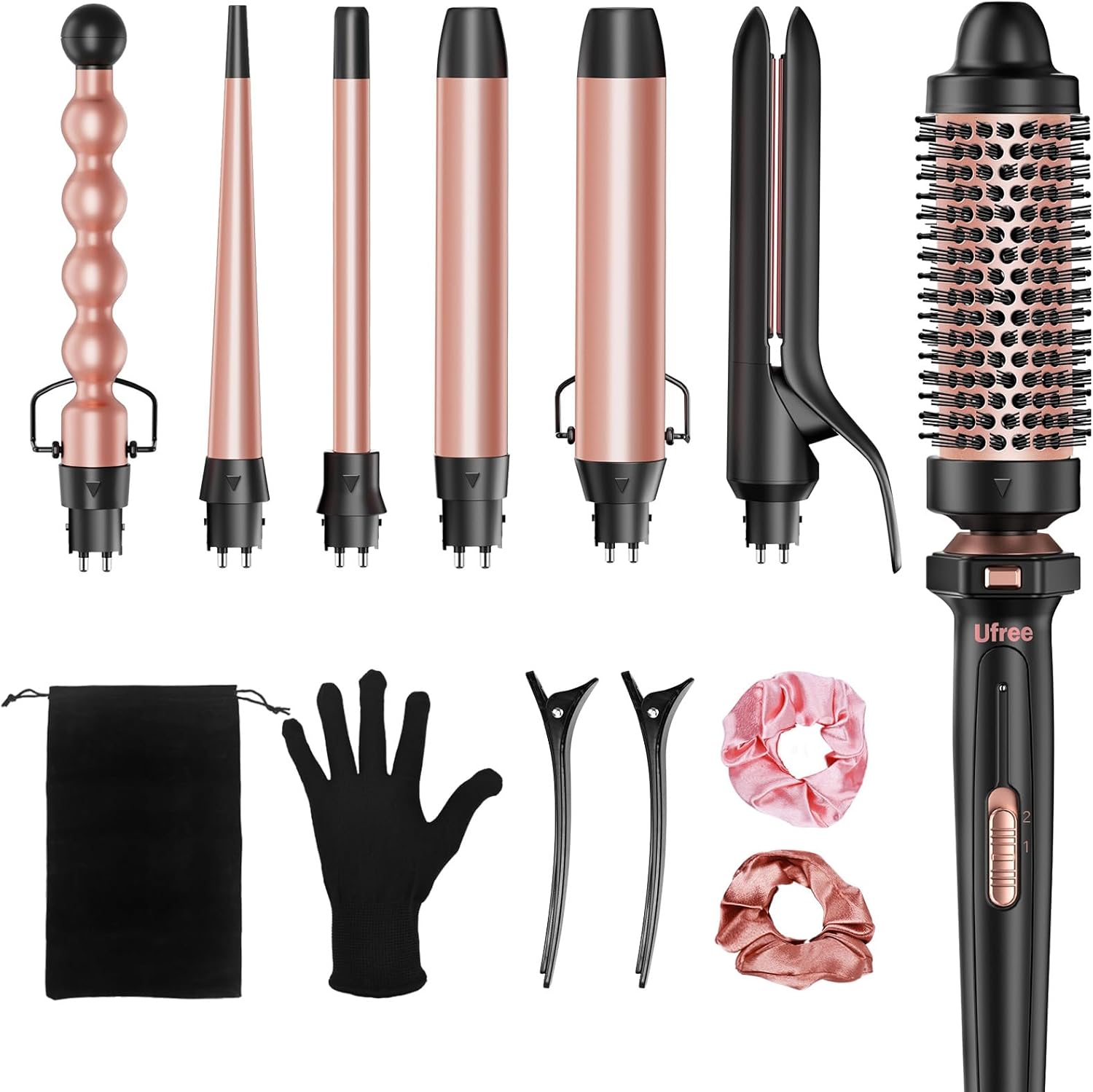 Set Ufree 7 en 1, rizador de pelo con barriles cerámicos intercambi...