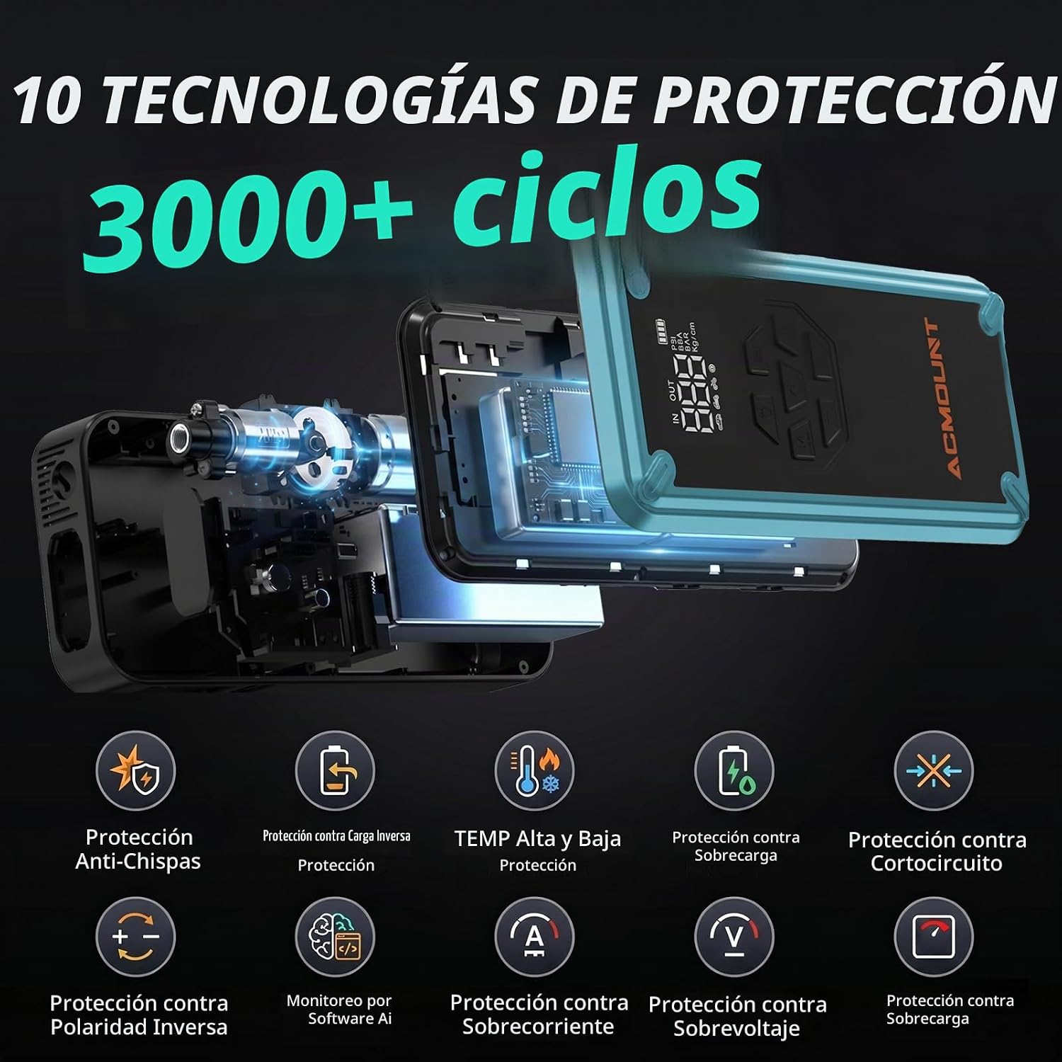 Arrancador de batería con compresor de aire, Acmount 5000A arrancad...
