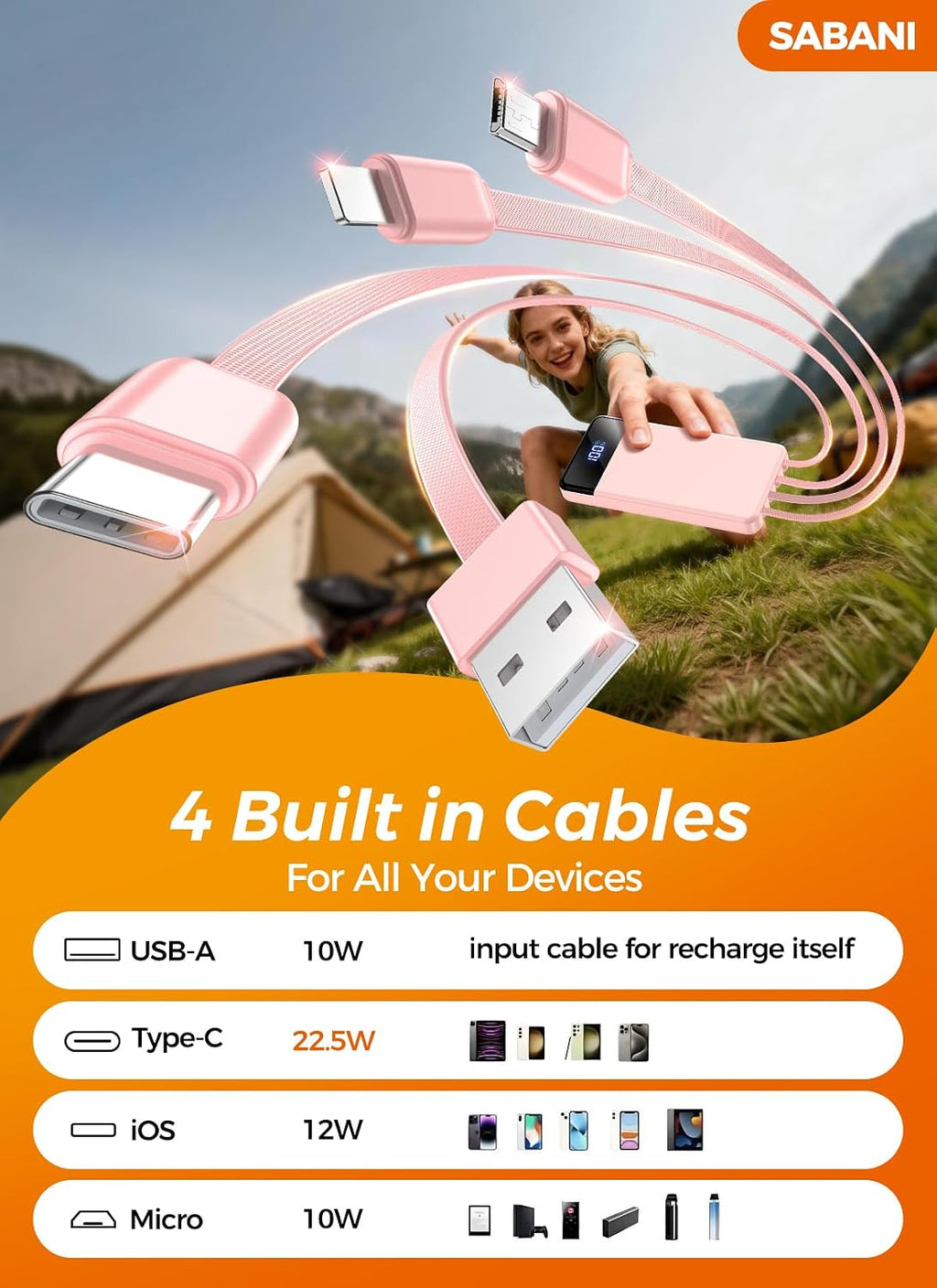 Cargador portátil de 35000 mAh - Powerbank con 4 cables integrados,...