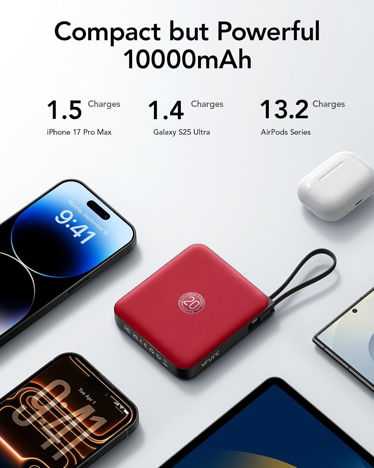 VRURC Cargador portátil de 10000 mAh para iPhone con cables integra...