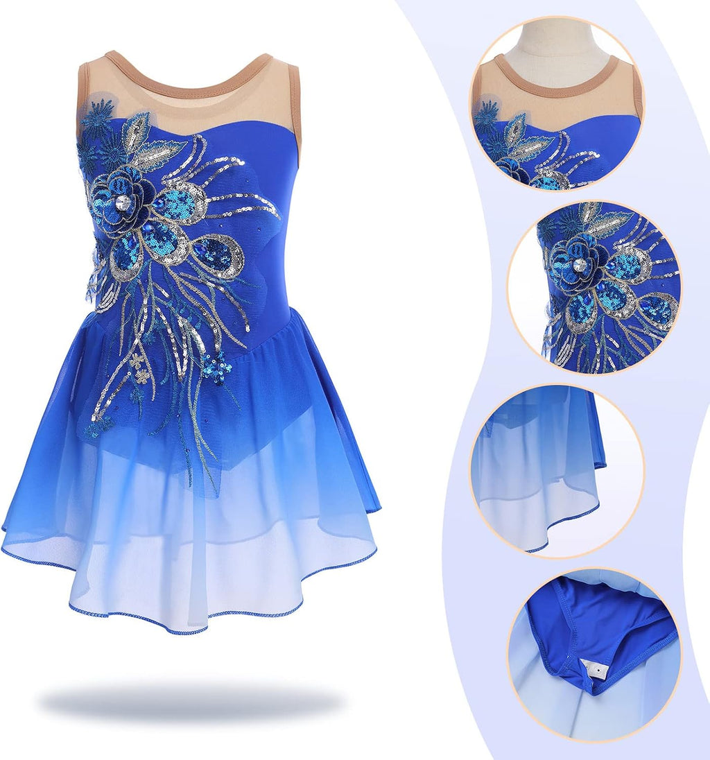Vestido de patinaje artístico para niñas - Leotardo de malla con fl...