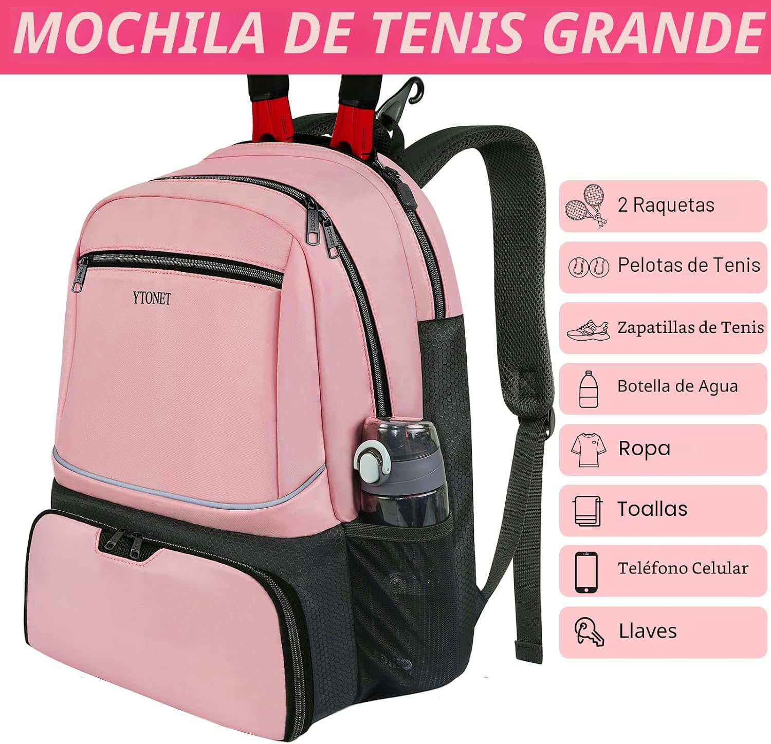 Ytonet Mochila de tenis para mujeres y hombres, 2 raquetas con bols...