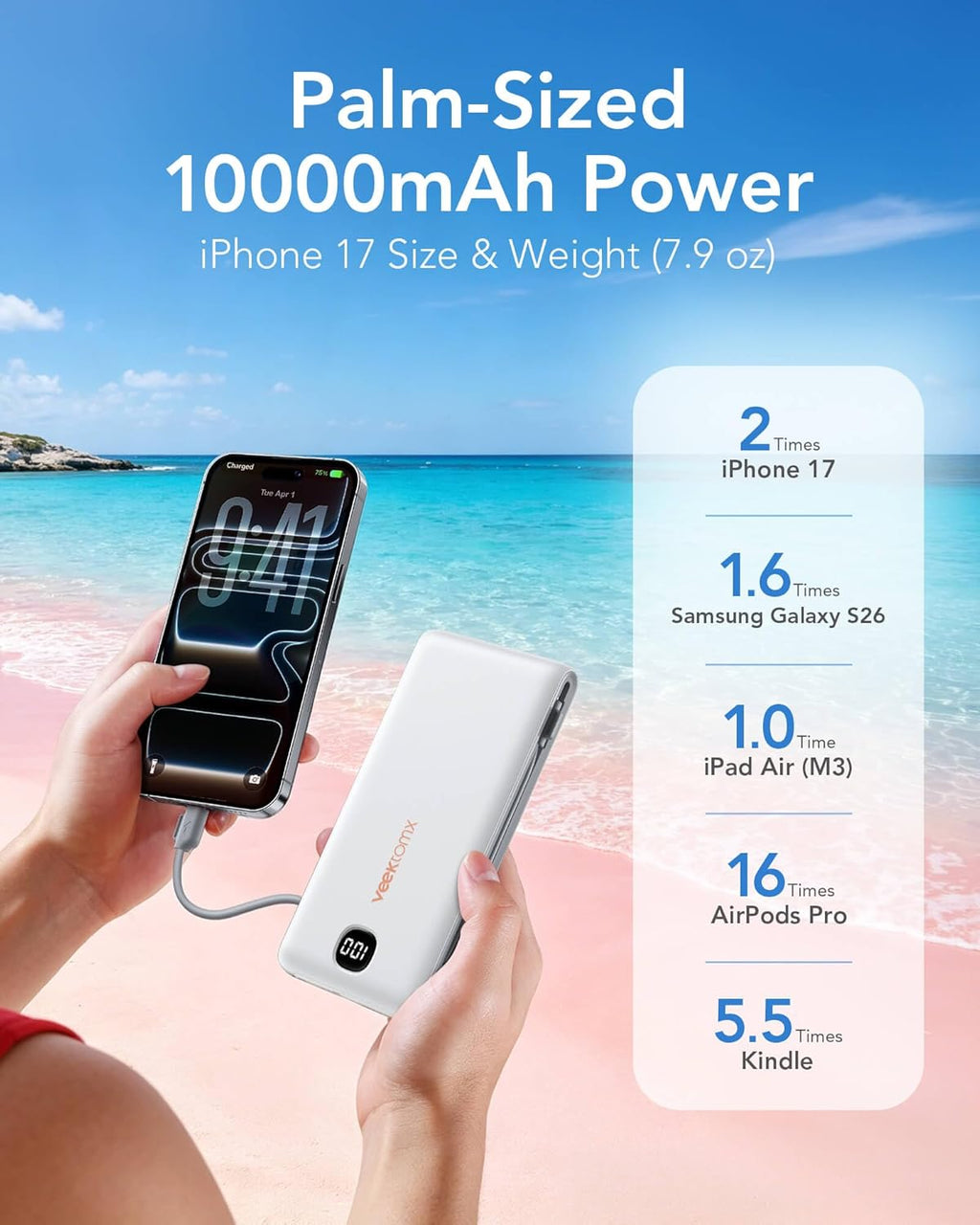 VEEKTOMX Cargador portátil con cables integrados de 10000 mAh, banc...