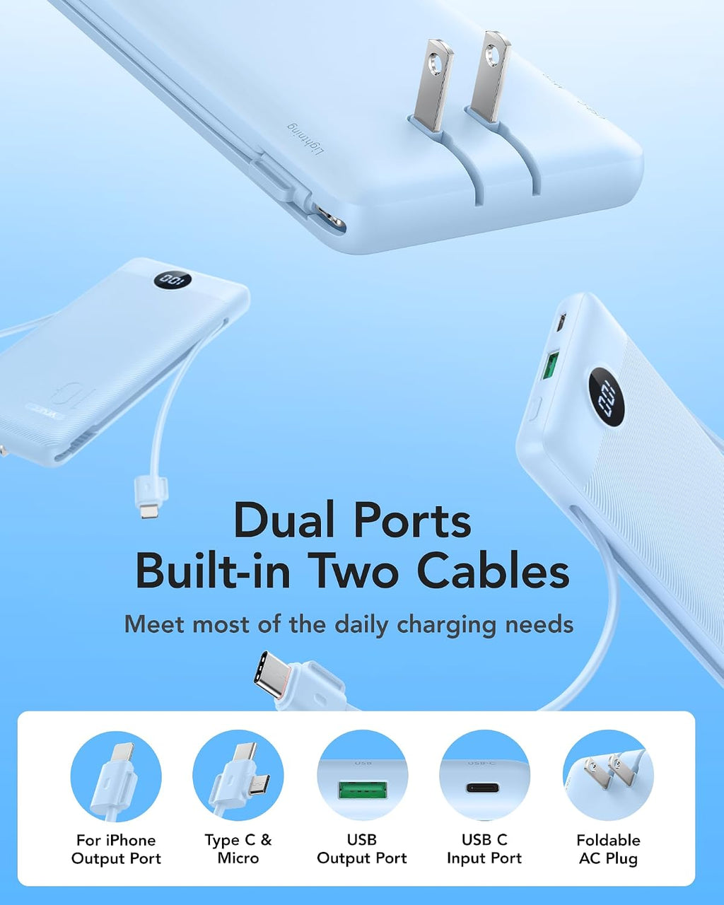 VRURC Cargador portátil con enchufe de pared y cables, banco de ene...