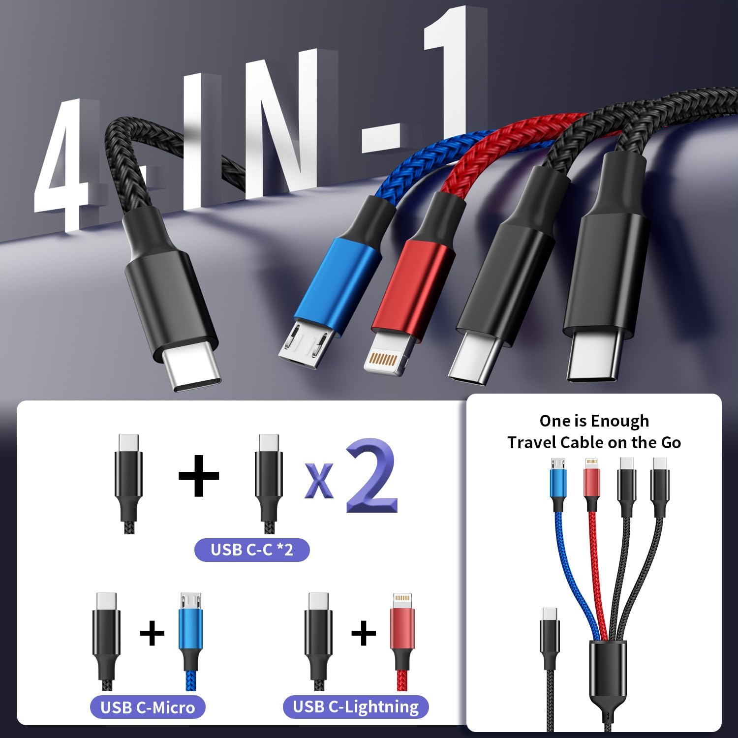Cable de carga USB C a 4 en 1 con doble puerto tipo C de 5 pies, ca...