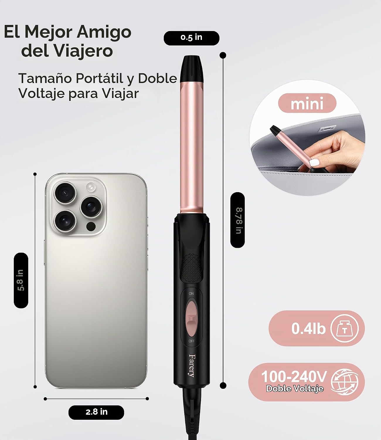 Rizador de tamaño de viaje de doble voltaje 100-240V, mini rizador...