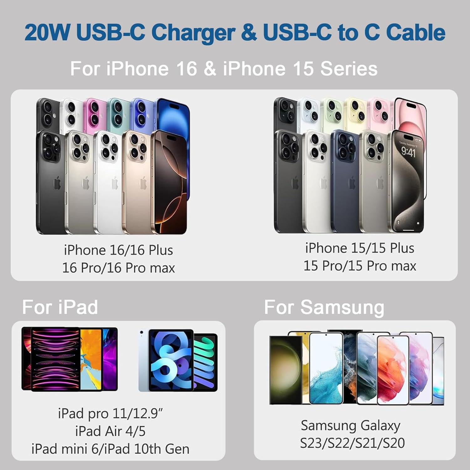 Cargador para iPhone 15 16 de carga rápida, cable USB C a USB C ext...