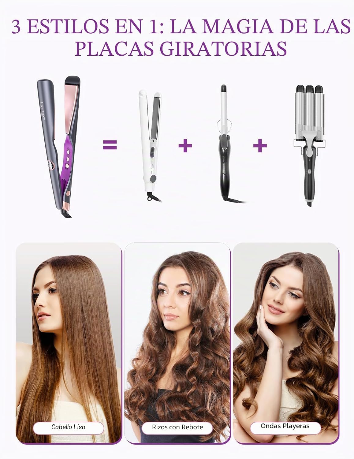 LANDOT Plancha para el cabello y rizador 2 en 1: crea ondas de saló...