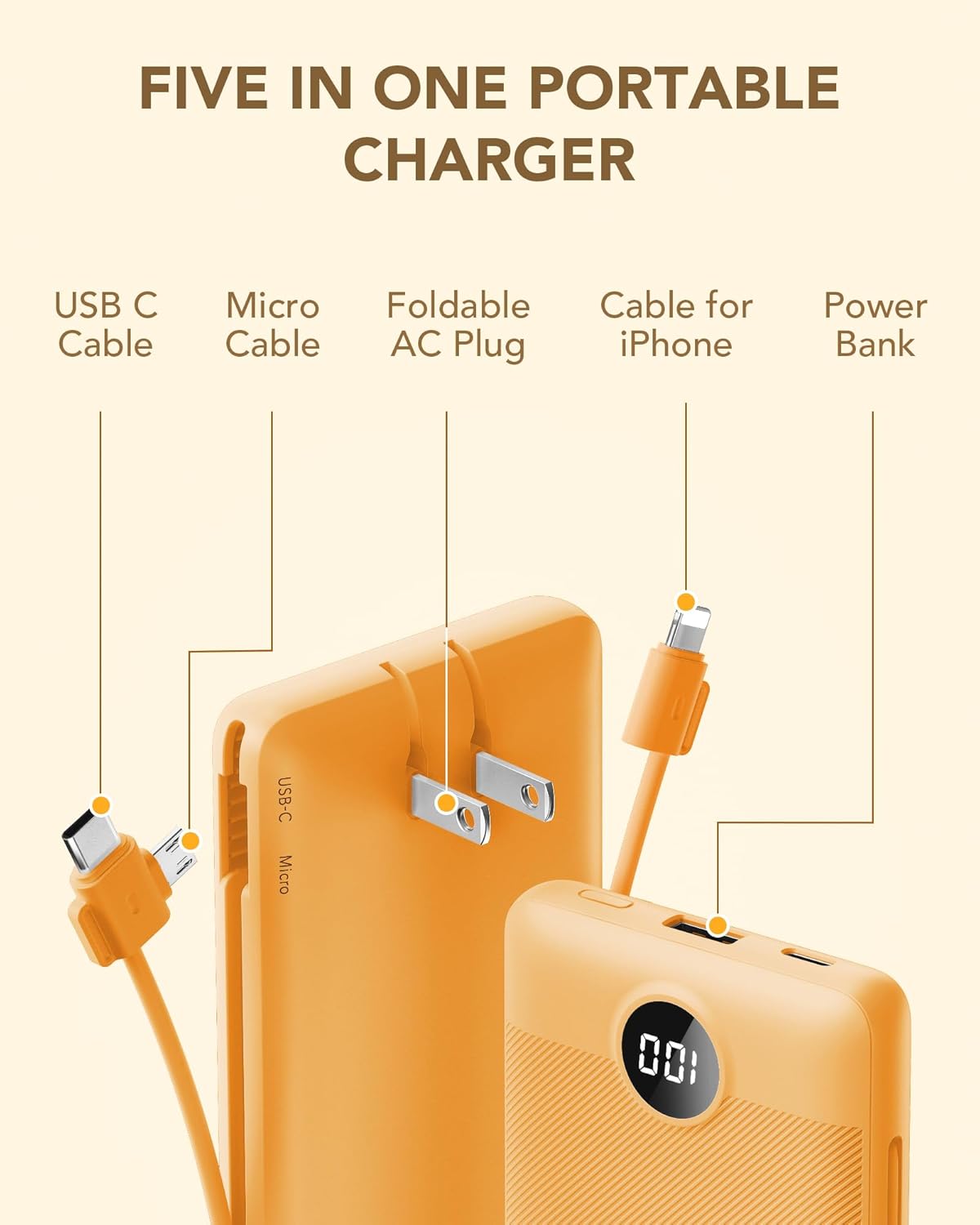 VRURC Cargador portátil con cables integrados y enchufe de pared de...