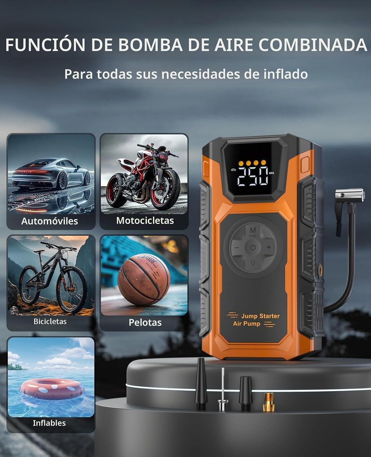 Arrancador con compresor de aire, cargador de batería de coche 5500...