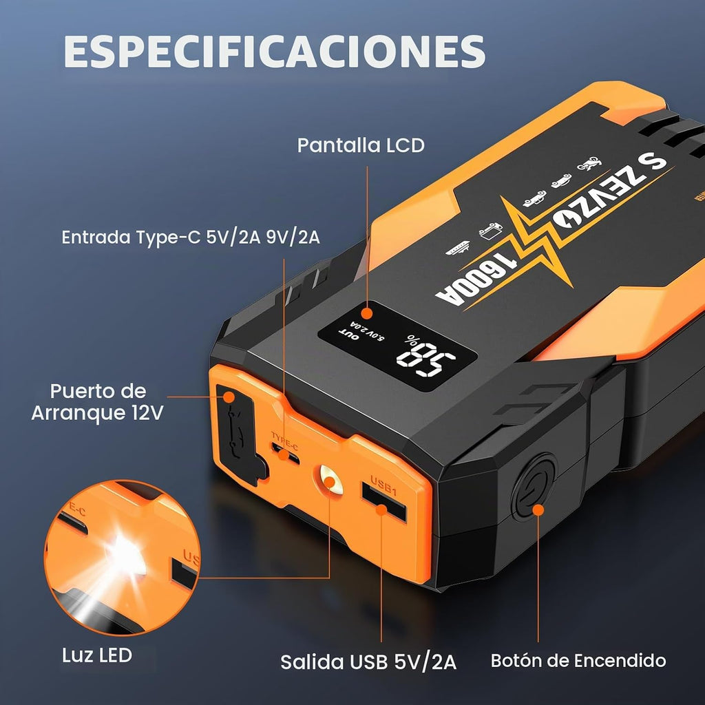 S ZEVZO ET05 Arrancador 1600A Arrancador portátil de coche con bate...