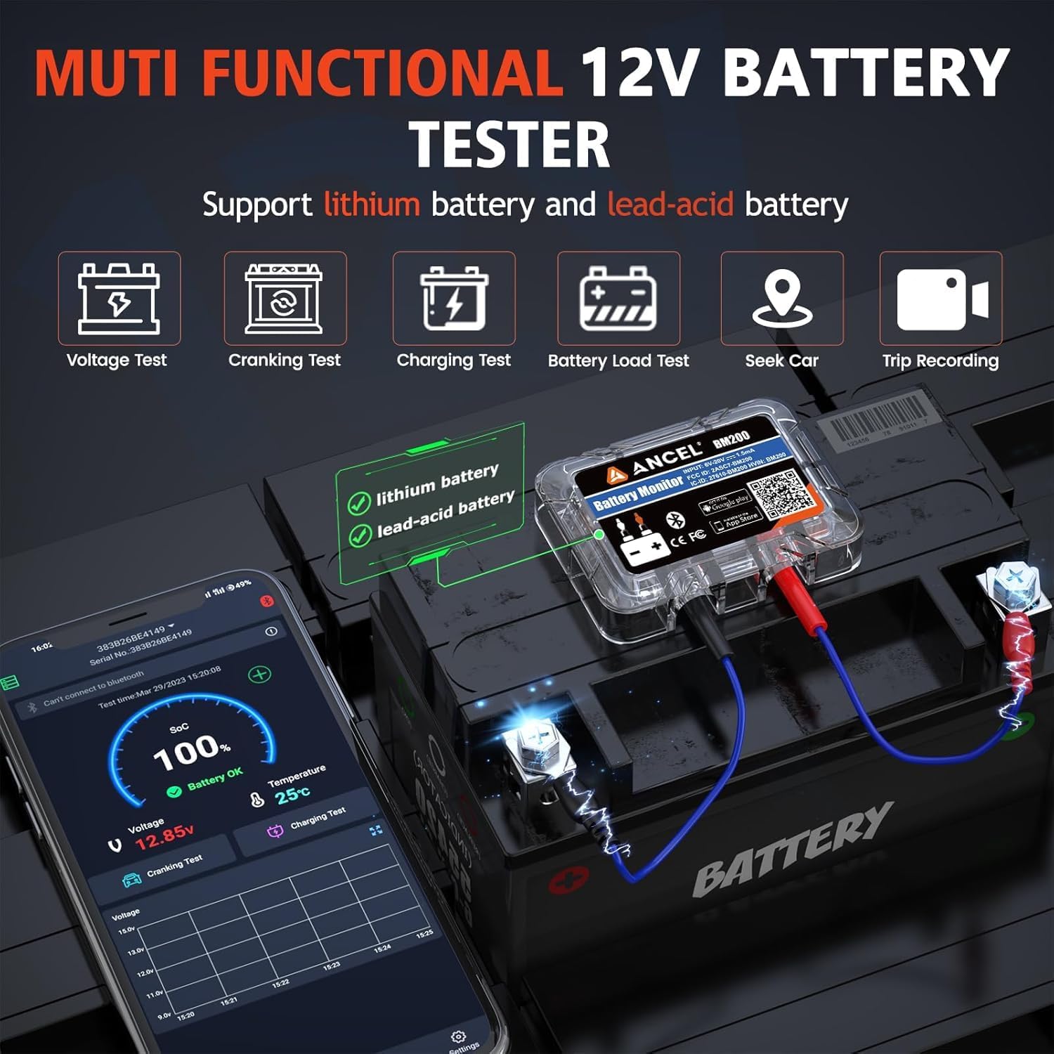 ANCEL BM200 Blue-US Monitor de batería 12V Bluetooth automotriz | P...