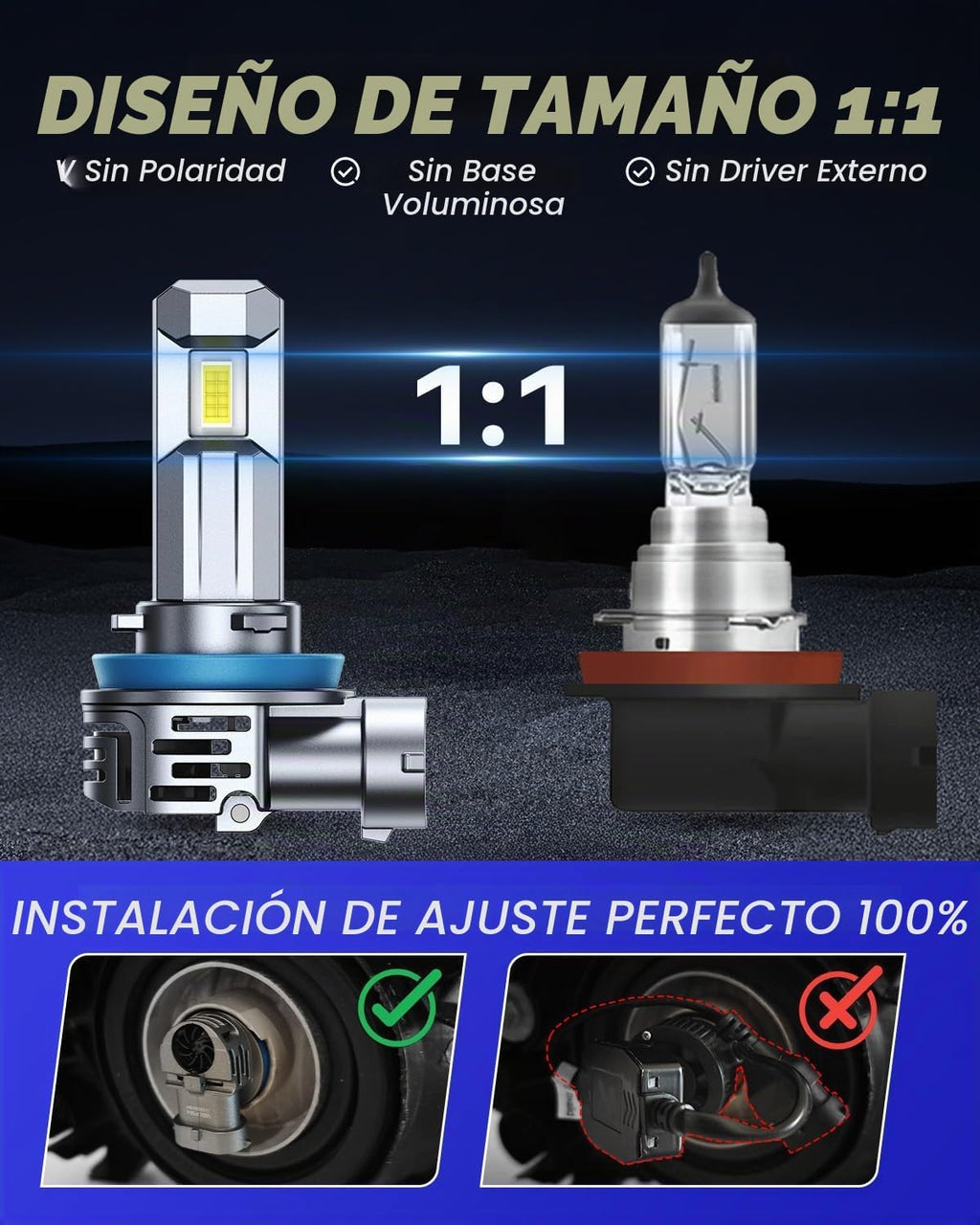 AUTOONE Bombilla LED H11 1:1 Tamaño Mini, Bombilla de Reemplazo H8\...